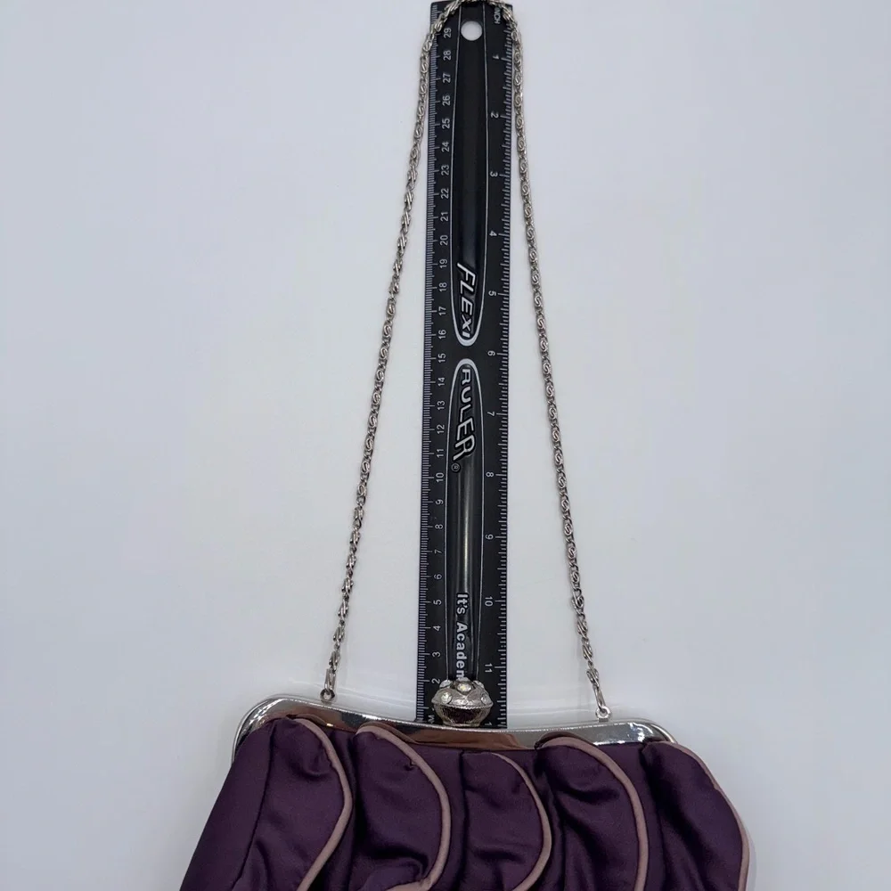 Dollhouse Satin Ruffled Front Jeweled Kiss-Lock Purple Handbag ClutchFormal Prom